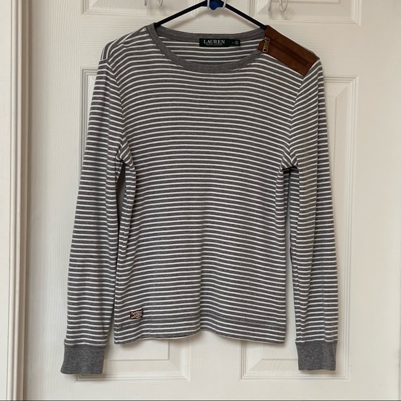 Lauren Ralph Lauren Long Sleeve Stripe Top with Brown Suede Elbow Patches size L - Picture 1 of 10